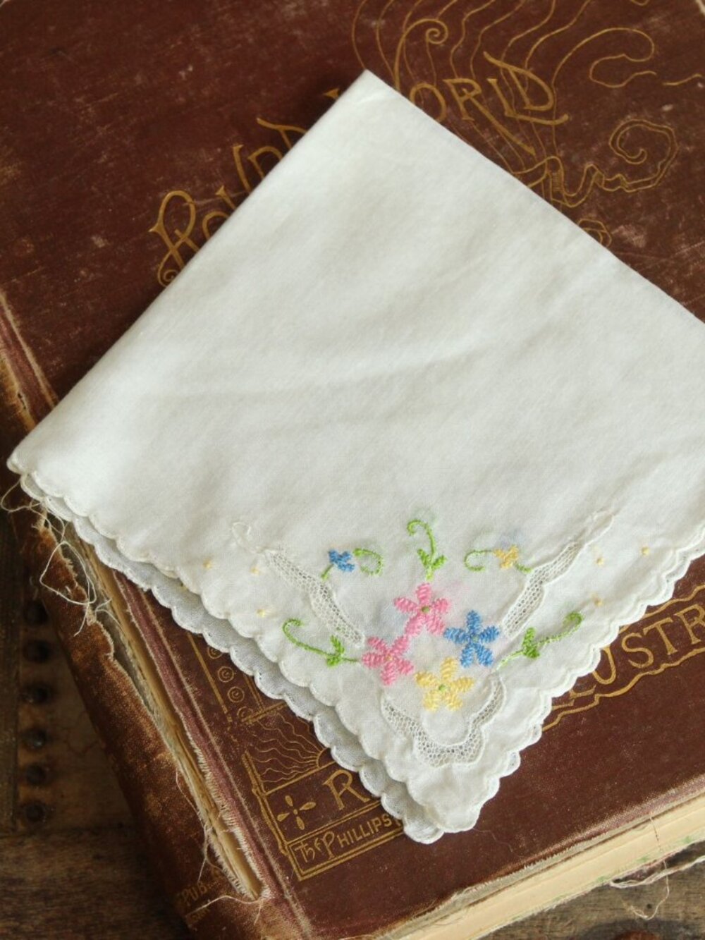 Vintage Handkerchief, Pink Blue and Yellow Flower Embroidery on White Cotton Han